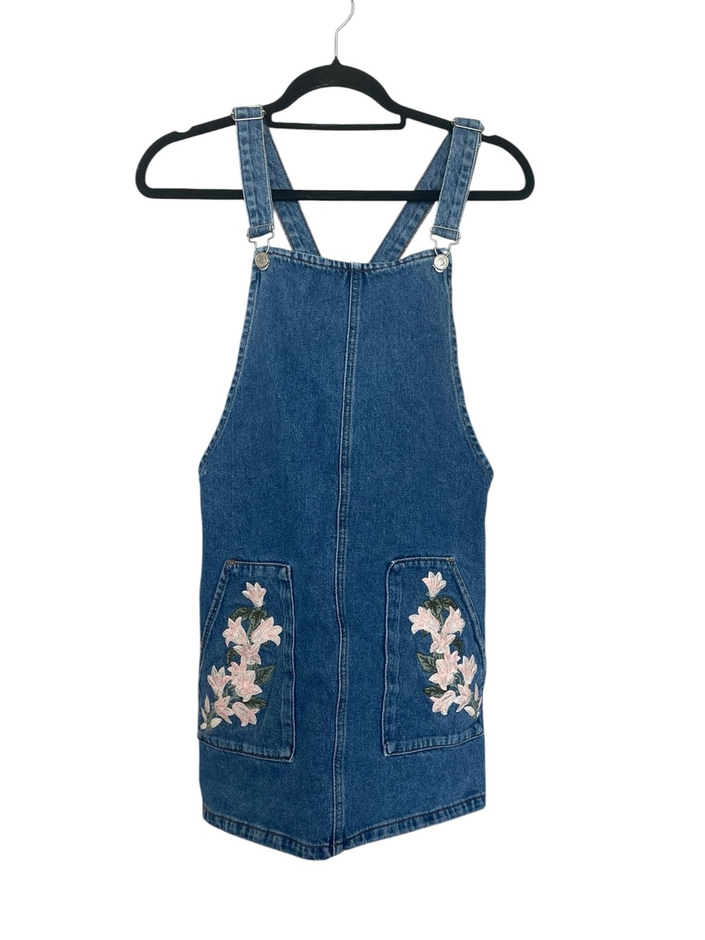Topshop Blue Denim Overall Dress with Pink Floral Pocket Embroidery